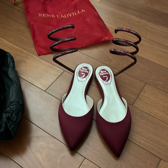 Rene Caovilla Shoes - Rene Caovilla Wine Burgundy Pointed Toe Spiral-Ankle Flat Mules